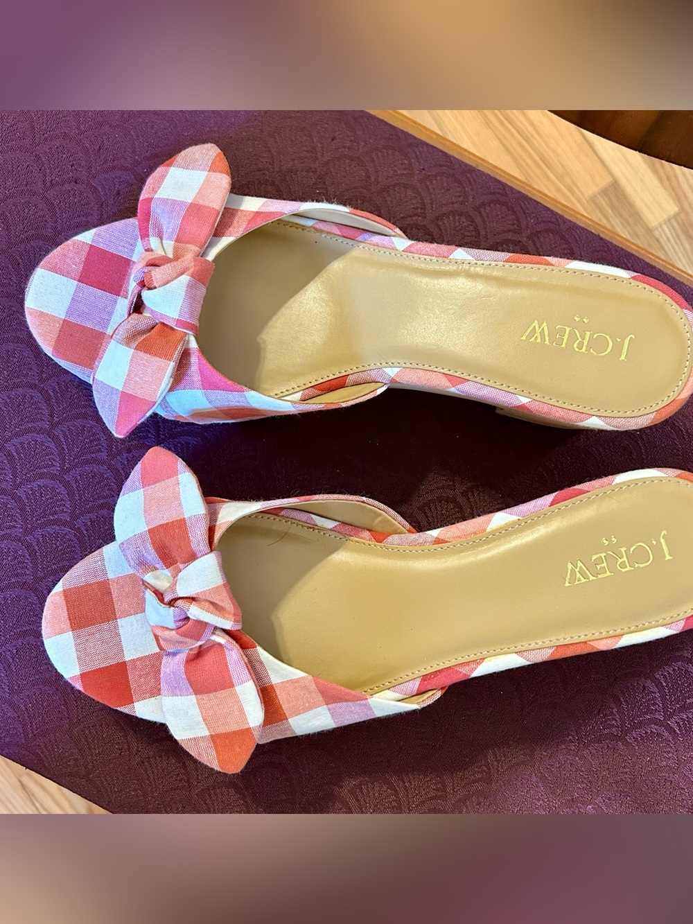 J. Crew Pink and White Gingham Bow Pointed Mules